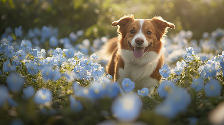 A dog joyfully running through the open nemophila fields, enjoying the freedom of spring in Hitachinaka.の素材
