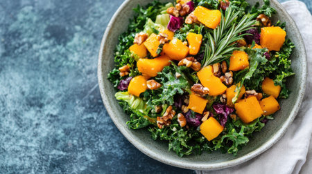 A healthy vegan Capital Salad plated with a sprig of rosemary, sitting on a textured linen napkin.の素材