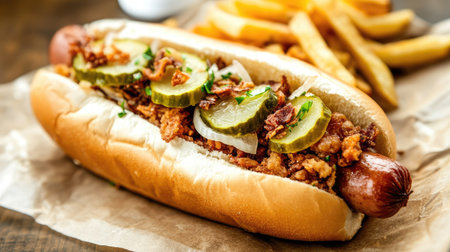 A freshly made hot dog with grilled sausage, crispy onions, and sliced pickles, served with a side of fries.の素材