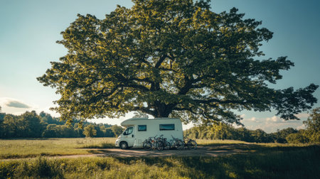 A motorhome parked under a big oak tree in Slovenia, bicycles on the back, creating the perfect road trip scene.の素材