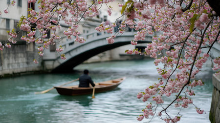 A fisherman rowing his boat under Hikichi Bridge, framed by cascading peach blossoms along the riverbank.の素材