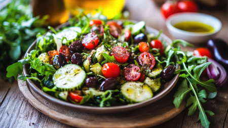 A healthy vegan version of Capital Salad, plated neatly with a drizzle of olive oil and fresh greens on the side.の素材