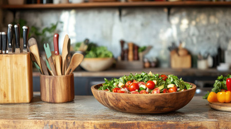 A homemade Capital Salad dish resting on a rustic kitchen counter, with fresh ingredients and cooking utensils in the background.の素材