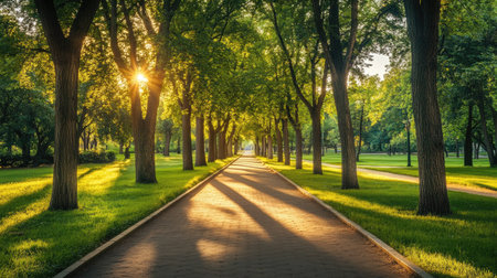 A peaceful walkway surrounded by fresh green trees extends into the heart of a lush forest park.の素材