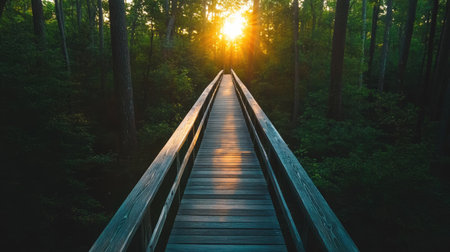 A long, straight wooden walkway leads through a dense forest, bathed in soft golden morning light.の素材