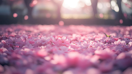 A peaceful sakura garden in full bloom, with soft pink petals covering the ground like a floral carpet.の素材