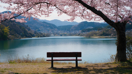 A park bench under blooming cherry blossoms, offering a perfect spring view of the Kannonjigawa River.の素材