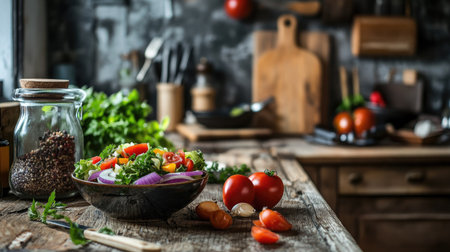 A homemade Capital Salad dish resting on a rustic kitchen counter, with fresh ingredients and cooking utensils in the background.の素材