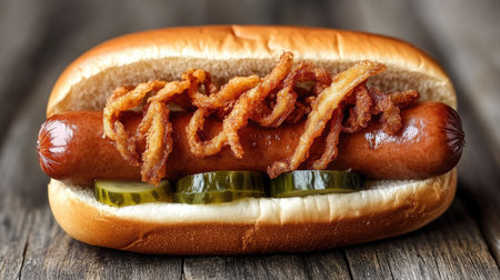 A freshly made hot dog in a soft bun, topped with crispy fried onions and pickled cucumbers, served on a rustic wooden table.の素材