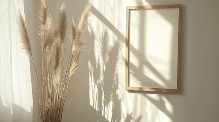 A natural-themed interior with a square wooden frame on a white wall, featuring dried plants and a blank passepartout for artworkの素材