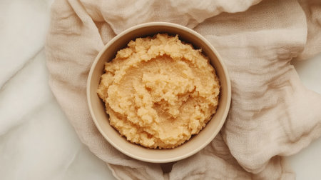 A bowl of homemade apple and cinnamon baby puree, placed on a soft, neutral-colored cloth.の素材
