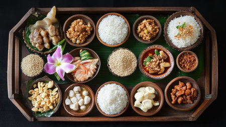 A traditional Thai wooden tray with servings of Puk Sesame Rice, highlighting its warm and nutty flavors, enjoyed in early winterの素材