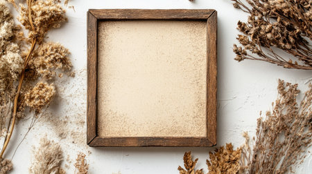 A blank square wooden frame with passepartout, resting on a clean white wall, surrounded by subtle dried plant decorationsの素材