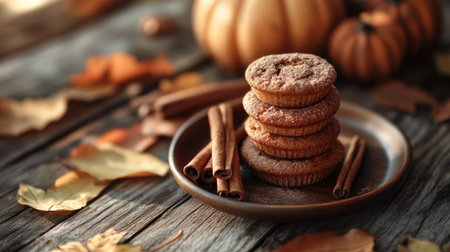A stack of mini pumpkin spice cupcakes on a rustic plate, with softly blurred cinnamon sticks and fall leaves.の素材