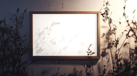 Aesthetic mockup of a blank wooden frame with passepartout, mounted on a white wall, softly decorated with dried plantsの素材