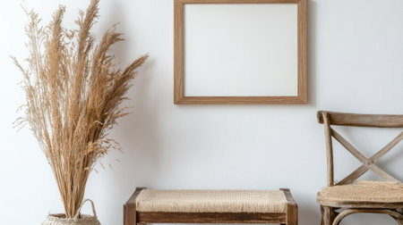 A white wall featuring a square wooden frame with passepartout, styled with natural dried plants, blank space for print mockupの素材