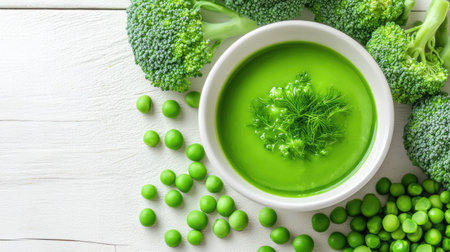 A baby-friendly bowl of fresh broccoli and pea puree, placed on a white wooden surface with natural ingredients.の素材