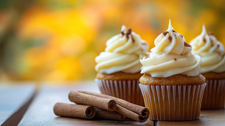 A cozy fall food scene with mini pumpkin spice cupcakes, cinnamon sticks, and an out-of-focus autumn background.の素材