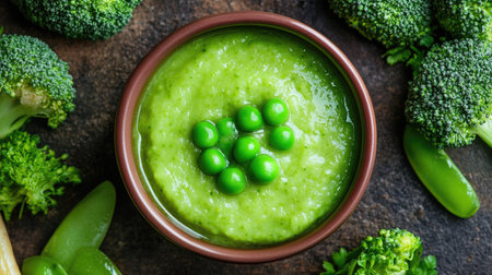 A delicious and smooth broccoli and pea baby puree in a feeding bowl, surrounded by fresh vegetables.の素材