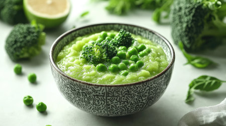 A creamy and thick bowl of baby food puree with broccoli and peas, presented in a clean and bright setting.の素材
