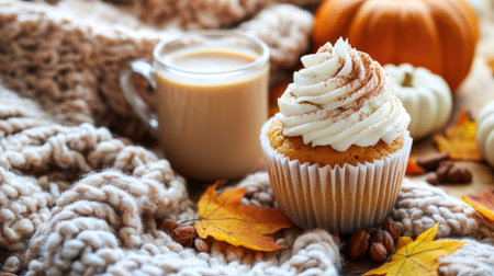A cozy autumn afternoon scene with pumpkin spice cupcakes, a hot drink, and a knitted blanket in the background.の素材