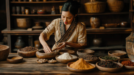Asian woman in a Lanna dress carefully arranging Thai spices and ingredients in a historic wooden kitchen, Chiang Maiの素材