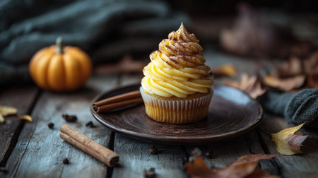 A stack of mini pumpkin spice cupcakes on a rustic plate, with softly blurred cinnamon sticks and fall leaves.の素材