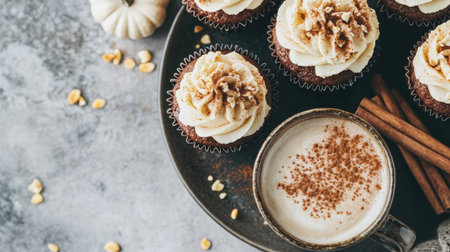 A rustic fall-themed dessert scene with pumpkin spice cupcakes, a cup of spiced latte, and cinnamon sticks.の素材