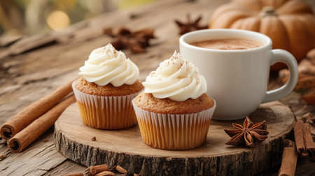 A rustic fall-themed dessert scene with pumpkin spice cupcakes, a cup of spiced latte, and cinnamon sticks.の素材