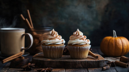 A rustic fall-themed dessert scene with pumpkin spice cupcakes, a cup of spiced latte, and cinnamon sticks.の素材