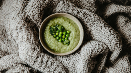 A tiny dish filled with smooth and vibrant green baby puree made from peas and broccoli, set on a cozy baby cloth.の素材