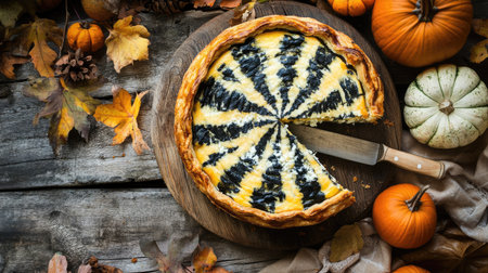 A wooden knife slicing through a zebra-striped pumpkin and cottage cheese casserole pie, rustic autumn stone backgroundの素材