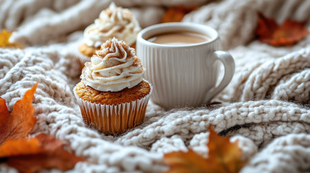 A cozy autumn afternoon scene with pumpkin spice cupcakes, a hot drink, and a knitted blanket in the background.の素材