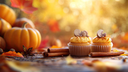 A cozy fall food scene with mini pumpkin spice cupcakes, cinnamon sticks, and an out-of-focus autumn background.の素材