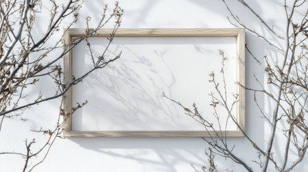 Aesthetic mockup of a blank wooden frame with passepartout, mounted on a white wall, softly decorated with dried plantsの素材