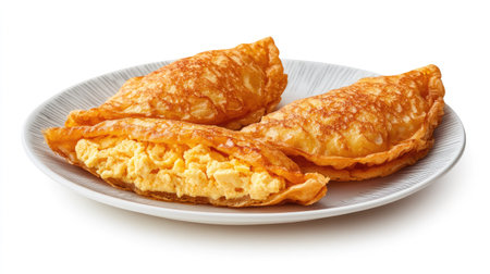 A set of Thai crispy pancakes arranged on a plate, golden brown and filled with creamy coconut and shredded egg yolk, white backgroundの素材