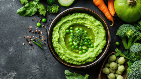A delicious and smooth broccoli and pea baby puree in a feeding bowl, surrounded by fresh vegetables.の素材