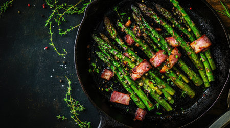 Asparagus and ham bundles in a cast-iron skillet, ready for roasting, with fresh herbs and seasoning scattered around.の素材