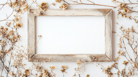 Aesthetic square wooden frame on a white wall, featuring a blank passepartout mockup, softly styled with dried flowers and branchesの素材