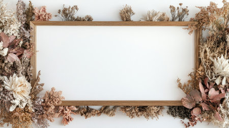 Blank wooden frame with passepartout, centered on a clean white wall, with dried plant decorations in soft neutral tones, elegant displayの素材