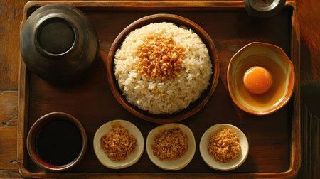 A traditional Thai wooden tray with servings of Puk Sesame Rice, highlighting its warm and nutty flavors, enjoyed in early winterの素材