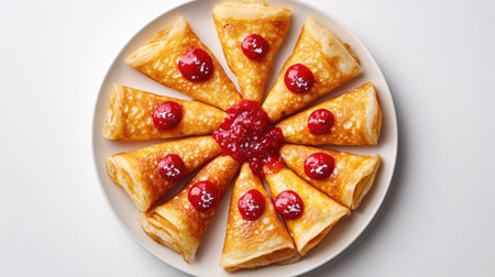 Aesthetic presentation of Thai crispy pancakes, filled with sweet toppings, arranged on a white plate over a clean white backgroundの素材