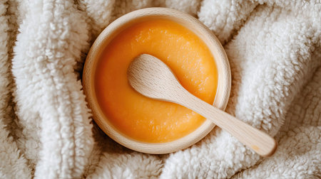 A wooden baby spoon resting in a bowl of orange carrot puree, placed on a soft baby blanket.の素材