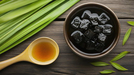 Aesthetic food shot of grass jelly cubes in a bowl, served with syrup, placed on a wooden table, top view of a refreshing Thai dessertの素材