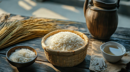 A rustic wooden table set with freshly made Puk Sesame Rice, a northern Thai seasonal snack enjoyed with warm teaの素材