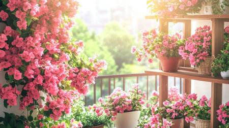 Bright and cozy balcony filled with pink bougainvillea blooms and wooden plant shelves under summer sunの素材