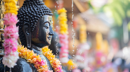 Buddha statue during Songkran festival with flower water being poured and garlands offered as a sign of respectの素材