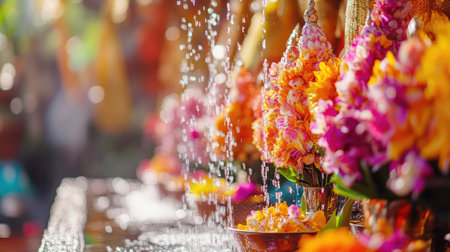 Celebrating Thai New Year by sprinkling water and offering garland to Buddha, with colorful flowers and perfumeの素材