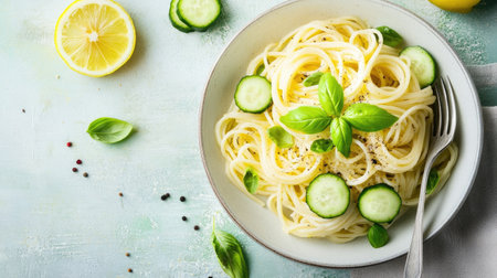 Bowl of light pasta salad with cucumber, served on pale background with fork and lemon slice, copy space includedの素材
