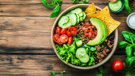 Bowl of nutritious taco salad with ground beef, avocado, tomato salsa, black beans, romaine lettuce and tortilla chips on wooden tableの素材